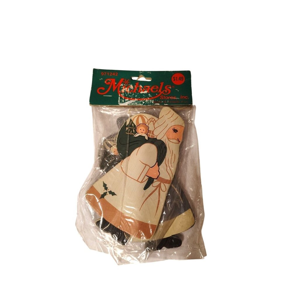 2 Vintage Wooden Painted Christmas Santa Ornaments, Michael's Old Fashioned